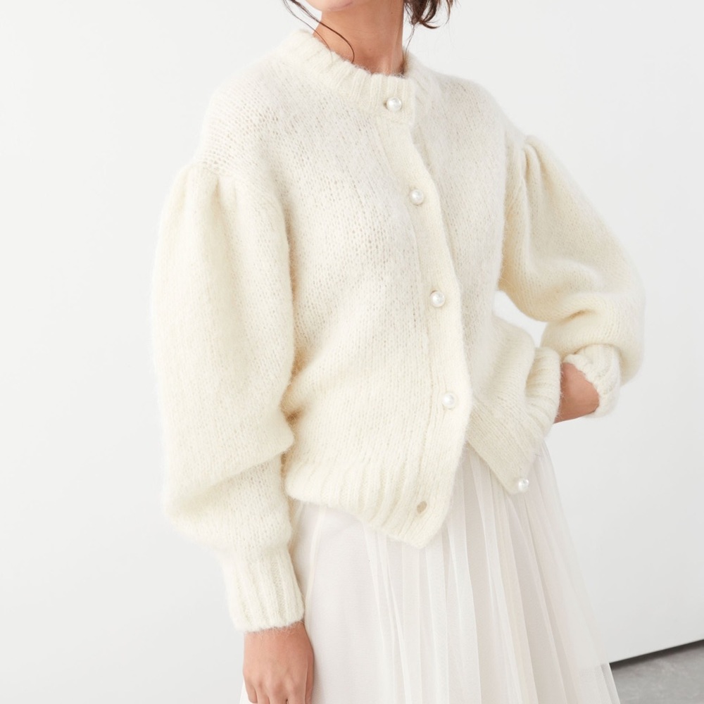 & Other Stories puff sleeve wool cardigan w/ Pearl buttons